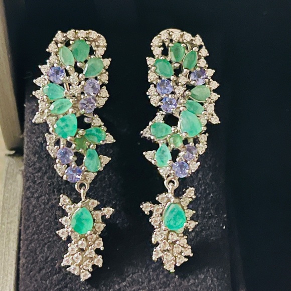Natural Colombian Emerald and Tanzanite art deco Dior style earrings - Picture 3 of 5
